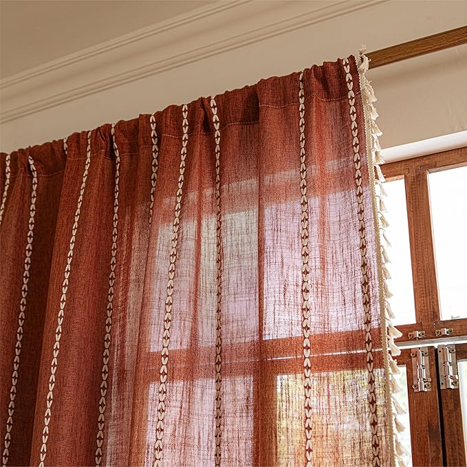 Sutuo Home Terracotta Boho Curtains for Living Room Bedroom, Halloween Bohemian Light Filtering Farmhouse Burnt Orange Tassels Window Treatment Fall Curtain Drape, Rod Pocket 1 Panel 52" W x 84" L
