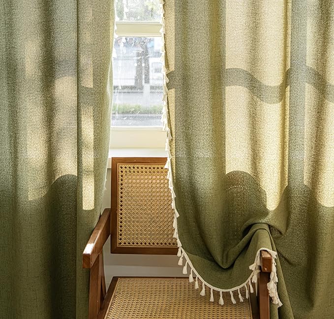 Sutuo Home Boho Curtains for Living Room 96 Inches Long, Bohemian Linen Textured Curtains with Tassels, Semi Blackout Farmhouse Drapes, Rod Pocket Window Treatments 2 Panels, 52" x 96", Olive Green