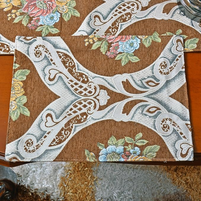 Extra Luxury Velvet Blue Table Runner 120 Inches Long with Vintage Damask Jacquard Design for Dining Room,Living Room,Home Decor,Elegant Beaded Tapestry (Coffee, 6 Piece 13×18 Placemats)