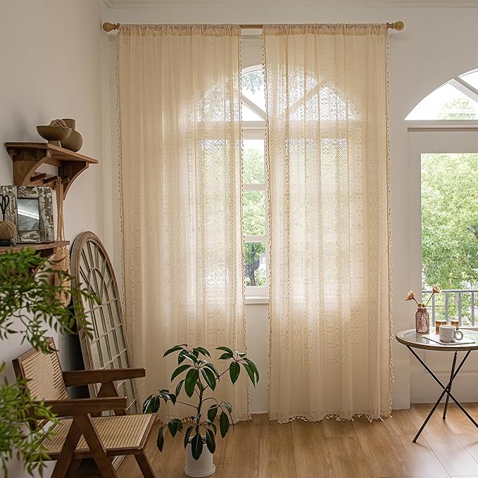 Sutuo Home Boho Curtains 63 Inches Length for Bedroom, Window Treatments Bohemian Sheer Crochet Lace Vintage Cotton Drapes Pair, Beige Geometry with Handmade Tassels 2 Panels Rod Pocket, 52" x 63