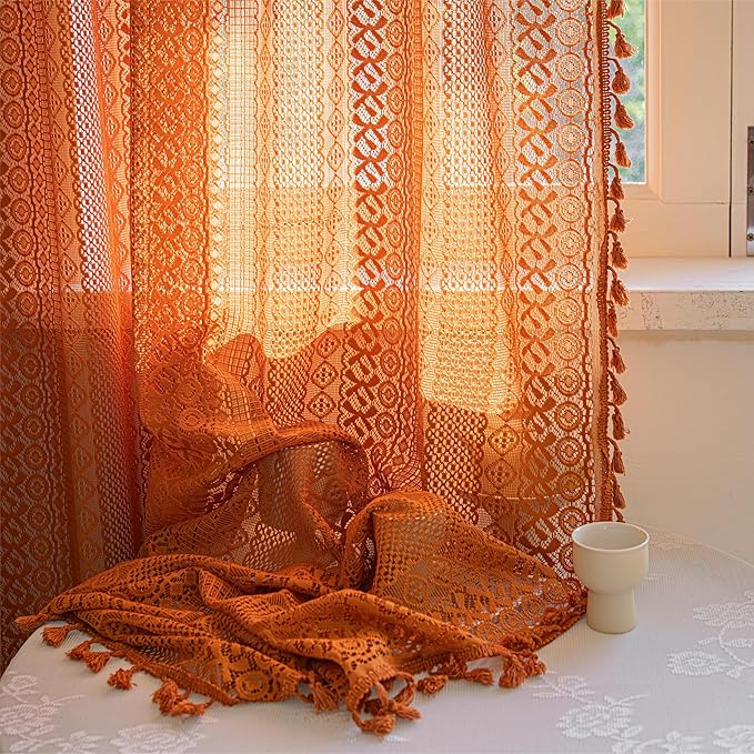 Sutuo Home Boho Curtains 72 inches Long for Bedroom Living Room, Crochet Cotton Lace Sheer Bohemian Hollow Knitted with Tassels,Window Treatment Drapes, Rod Pocket 1 Panel 59" W x 72" L,Burnt Orange