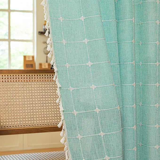 Sutuo Home French Door Curtains for Patio Doorway, Bohemian Semi Blackout Linen Curtains Tassels Farmhouse Strips Checkered Decor Window Treatments, Rod Pocket 1 Panel 37" W x 80" L, Aqua Blue Plaids