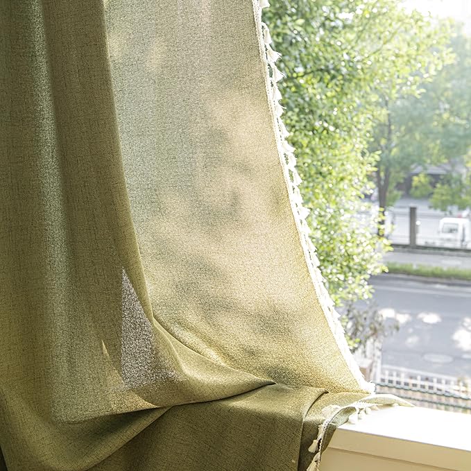 Sutuo Home Boho Curtains for Bedroom 84 Inches Long, Bohemian Linen Textured Curtains with Tassels, Semi Blackout Farmhouse Drapes, Rod Pocket Window Treatments 2 Panels, 52" x 84", Olive Green