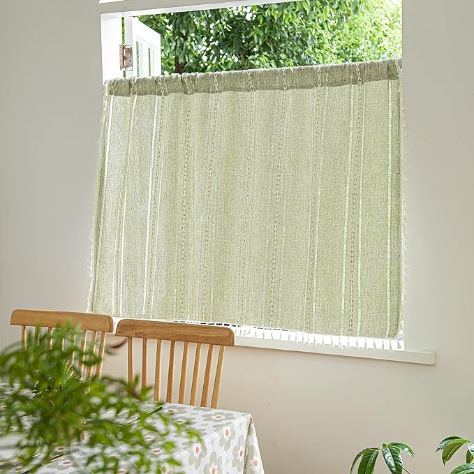 Sutuo Home Green Boho Curtain 52W x 18L inch White Striped Light Filtering Short Valance, 1 Panel Embroidery Bohemian Farmhouse Country Kitchen Window Treatment Decor for Small Closet
