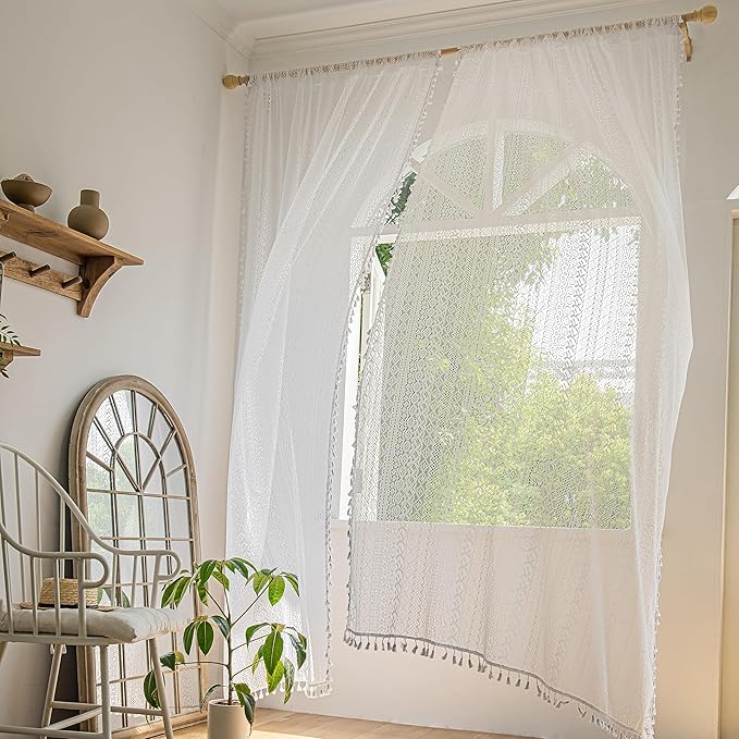 Sutuo Home White Boho Curtains 84 Inches Length for Bedroom, Window Treatments Bohemian Sheer Crochet Lace Vintage Drapes Pair, Geometry Knitted Handmade Tassels Rod Pocket, 52" x 84"，2 Panels