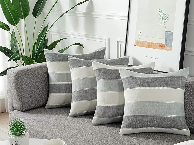 AmHoo Pack of 2 Farmhouse Stripe Check Throw Pillow Covers Set Case Cotton Linen Decorative Pillowcases Cushion Cover for Couch Bench Sofa 26x26Inch Dark Grey Beige