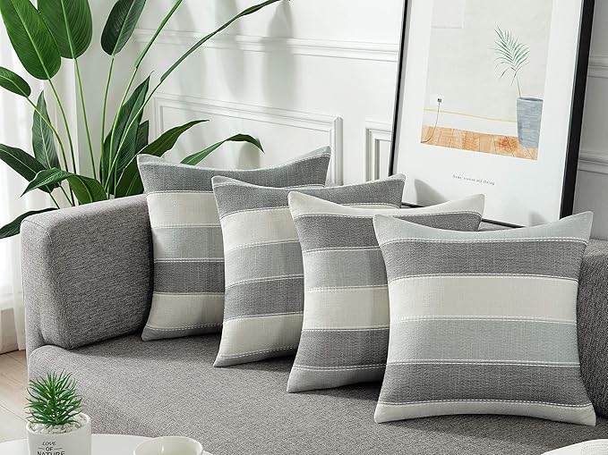 AmHoo Pack of 2 Farmhouse Stripe Check Throw Pillow Covers Set Case Cotton Linen Decorative Pillowcases Cushion Cover for Couch Bench Sofa 18x18Inch Dark Grey Beige