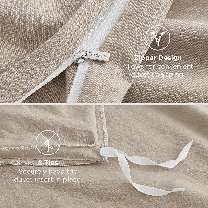 Bedsure 100% Washed Cotton Duvet Cover Full Size - Oatmeal Minimalist Cotton Duvet Cover Linen Like for All Seasons - GentleSoft™ Plain Simple Bedding (Oatmeal, Full, 80"x90")