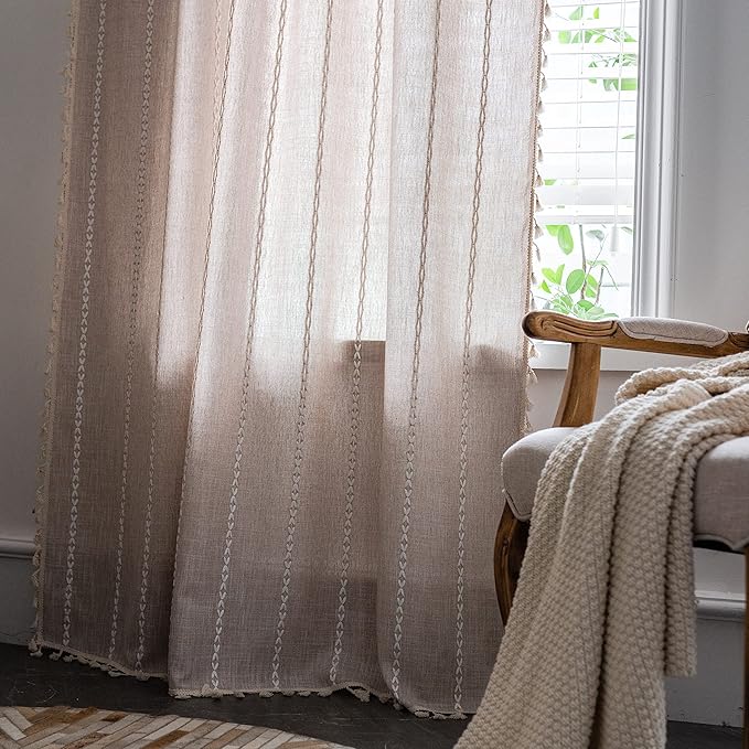 Sutuo Home Boho Curtains for Bedroom 96 Inches Long, Light Filtering Farmhouse Vintage Shabby Chic Tassels Window Treatment Bohemian Embroidery Drape, Rod Pocket 1 Panel 52" W x 96" L, Taupe