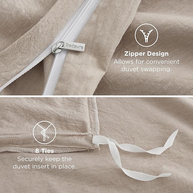 Bedsure 100% Washed Cotton Duvet Cover Cal King - Frosted Almond Minimalist Cotton Duvet Cover Linen Like - GentleSoft™ Plain Simple Bedding (Frosted Almond, California King, 104"x98")