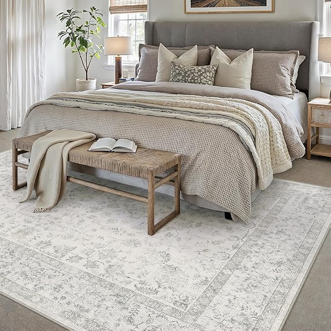 8x10 Grey Area Rug Non Slip Large Vintage Living Room Distressed Machine Washable Carpet Traditional Indoor Bedroom Grey Retro Floral Accent Throw Rug for Office Kitchen Dorm Dining Room