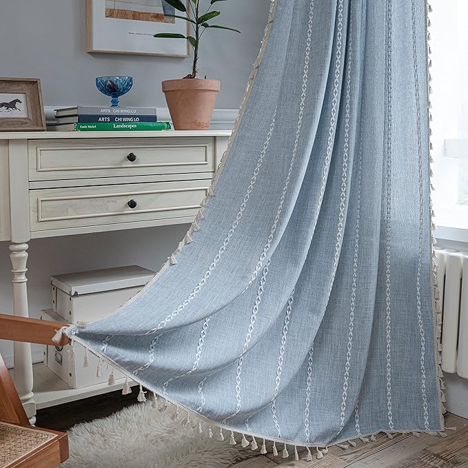 Sutuo Home Boho Curtain for Bedroom 96 Inches Long, Light Filtering Farmhouse Vintage Chic Tassels Window Treatment Bohemian Embroidery Drape, Rod Pocket 1 Panel 52" W x 96" L, Blue