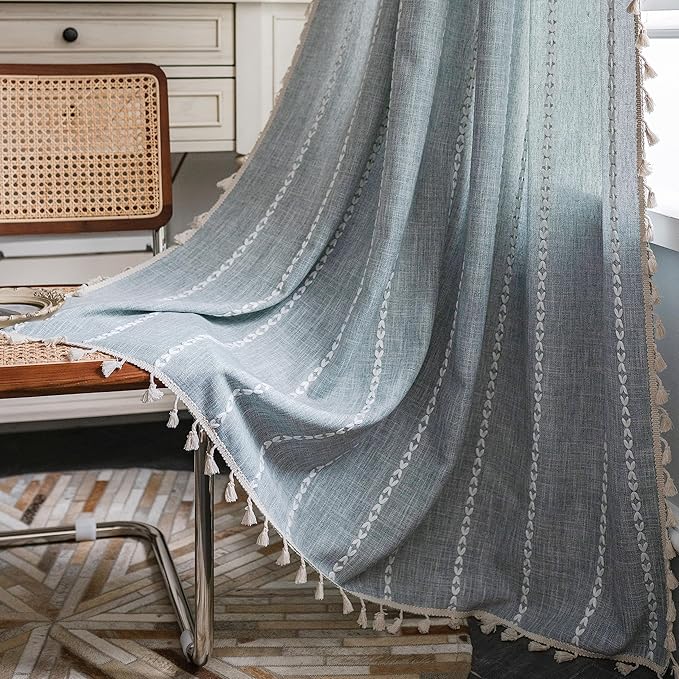 Sutuo Home Boho Curtain for Bedroom Nursery Room, Semi Blackout Linen Farmhouse Shabby Chic Tassels Window Treatment Bohemian Embroidery Drape, Rod Pocket 1 Panel 52" W x 96" L, Greyish Blue
