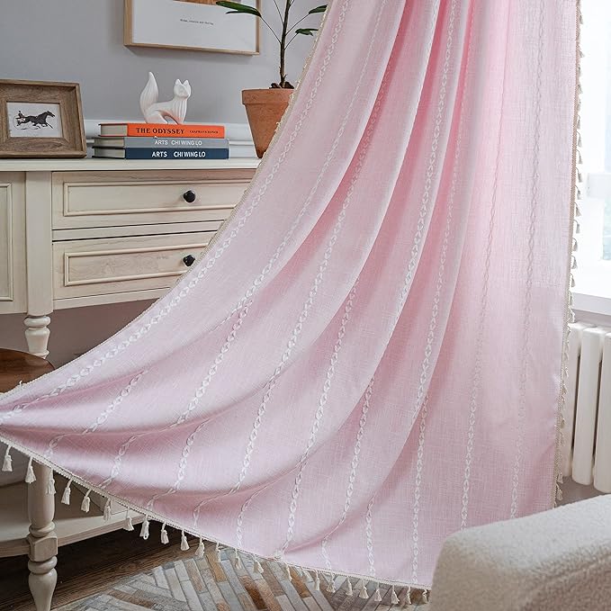 Sutuo Home Boho Curtain for Bedroom 84 Inch Length, Light Filtering Farmhouse Shabby Chic Tassels Window Treatment Bohemian Embroidery Drape, Rod Pocket 1 Panel 52" W x 84" L, Pink