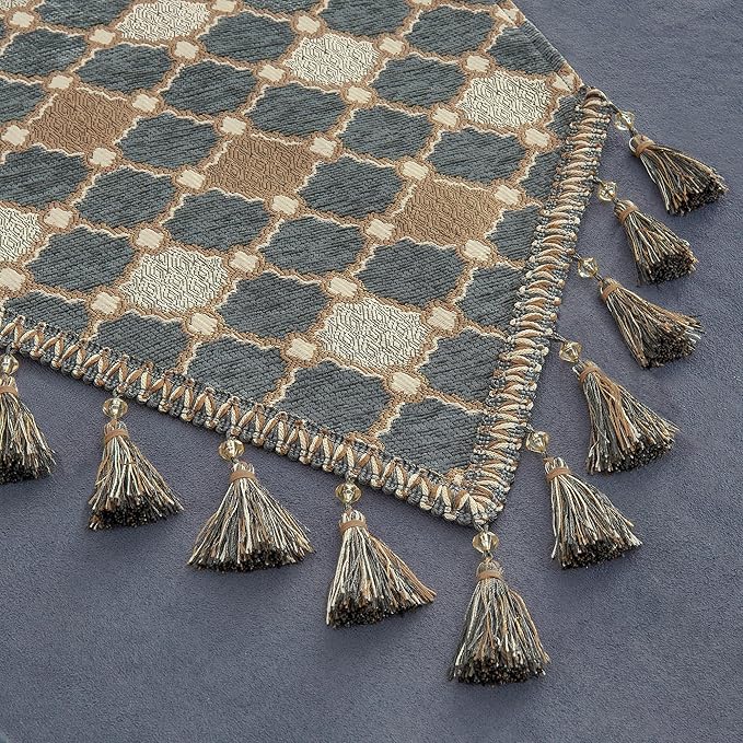 Loom and Mill Elegant Chenille Table Runner 72 inches Long, Chic Checkered Pattern Jacquard Table Runners with Tassels for Dining Room Dresser Party Banquet Decor (Blue-Grey+Khaki+Beige,13x72 inch)
