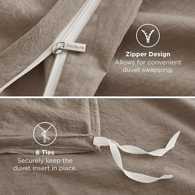 Bedsure 100% Washed Cotton Duvet Cover Cal King - Light Brown Minimalist Duvet Cover Linen Like for All Seasons - GentleSoft™ Plain Simple Bedding, 3 Pieces (Light Brown, California King, 104"x98")