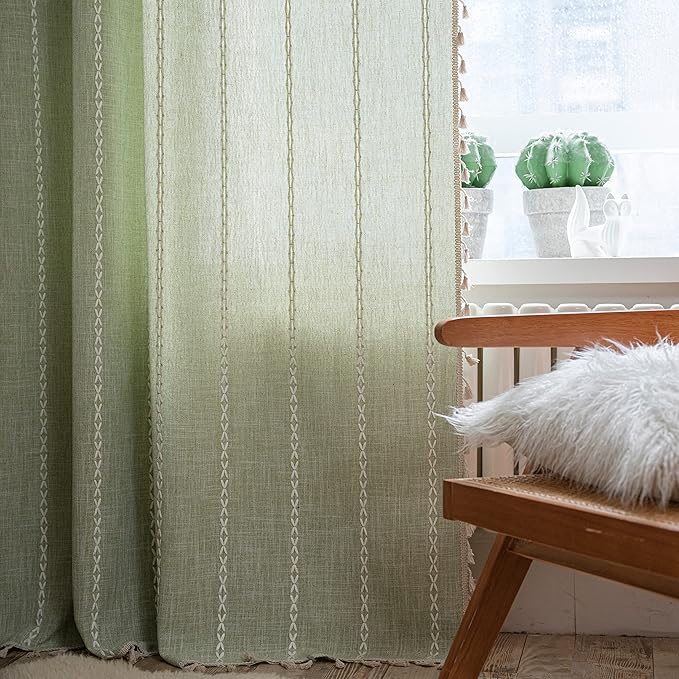 Sutuo Home Boho Curtains for Bedroom 96 Inches Long, Light Filtering Farmhouse Vintage Chic Tassels Window Treatment Bohemian Embroidery Drape, Rod Pocket 1 Panel 52" W x 96" L, Sage Green