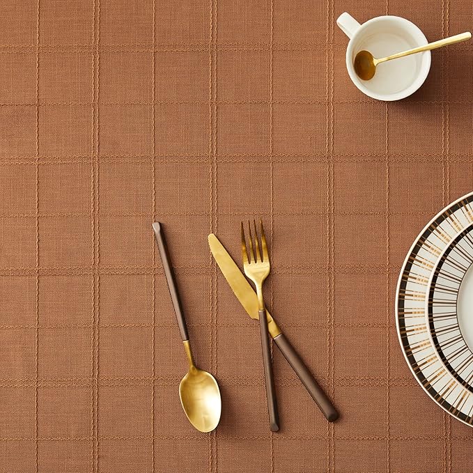 ZeeMart Linen Checked Table Cloth, Farmhouse Style Plaid Embroidered Caramel Tablecloth, Water Resistant Rectangle Table Cloth, Caramel 60x104 Inches
