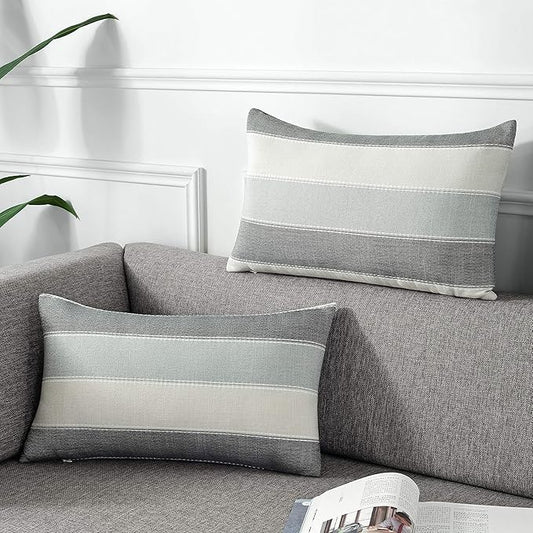 AmHoo Pack of 2 Farmhouse Stripe Check Throw Pillow Covers Set Case Cotton Linen Decorative Pillowcases Cushion Cover for Couch Bench Sofa 12x20Inch Dark Grey Beige