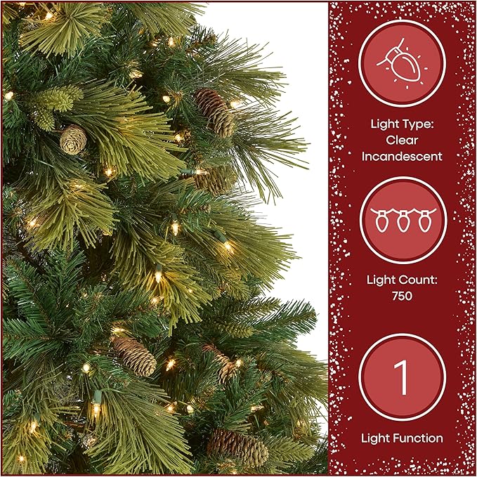 National Tree Company Carolina Pine 7.5 Foot Artificial Holiday Prelit Christmas Tree w/750 Clear Lights, Pinecones, 1399 Branch Tips and Metal Stand