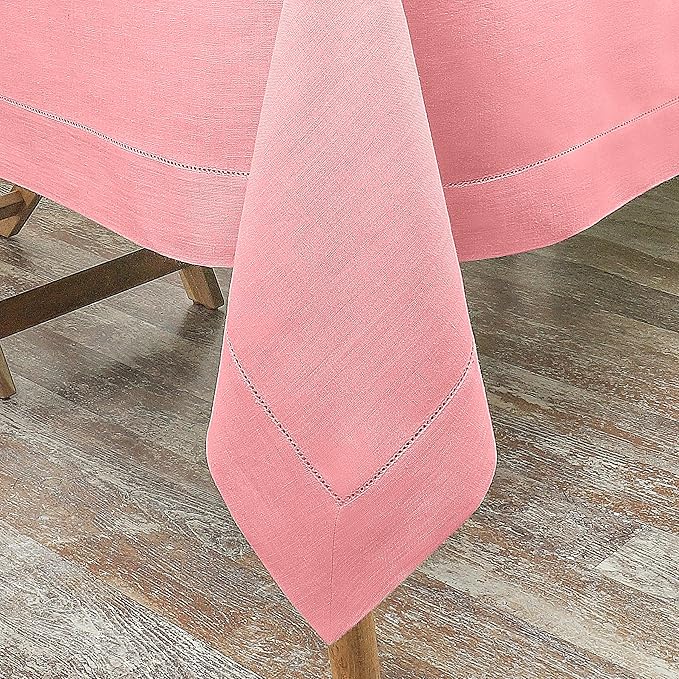 D'Moksha Homes Dusty Pink Linen Tablecloth 60 x 120 Inch - 100% Pure Linen Hemstitch Tablecloth for Rectangle Tables - Classic Hemstitch, Machine Washable Table Cloth for Thanksgiving
