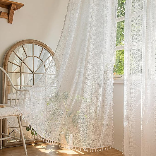 Sutuo Home White Boho Curtains 2 Panels 96 Inches Length for Bedroom Living Room Patio, Window Treatments Bohemian Sheer Knitted Crochet Lace Vintage Drapes Pair Tassels, Rod Pocket, 52" x 96"