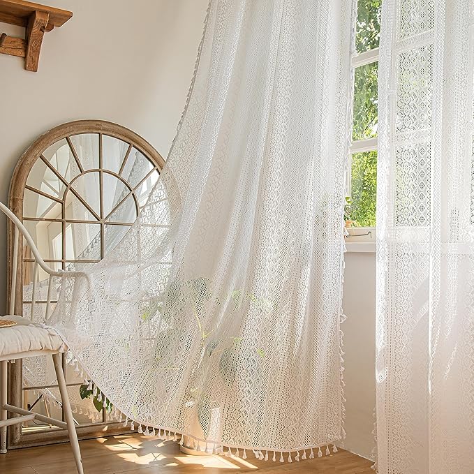 Sutuo Home White Boho Curtains 84 Inches Length for Bedroom, Window Treatments Bohemian Sheer Crochet Lace Vintage Drapes Pair, Geometry Knitted Handmade Tassels Rod Pocket, 52" x 84"，2 Panels