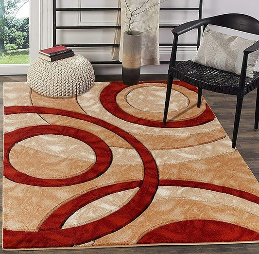GLORY RUGS Area Rug Modern 4x6 Dark red Circles Geometry Soft Hand Carved Contemporary Floor Carpet Fluffy Texture for Indoor Living Dining Room and Bedroom Area