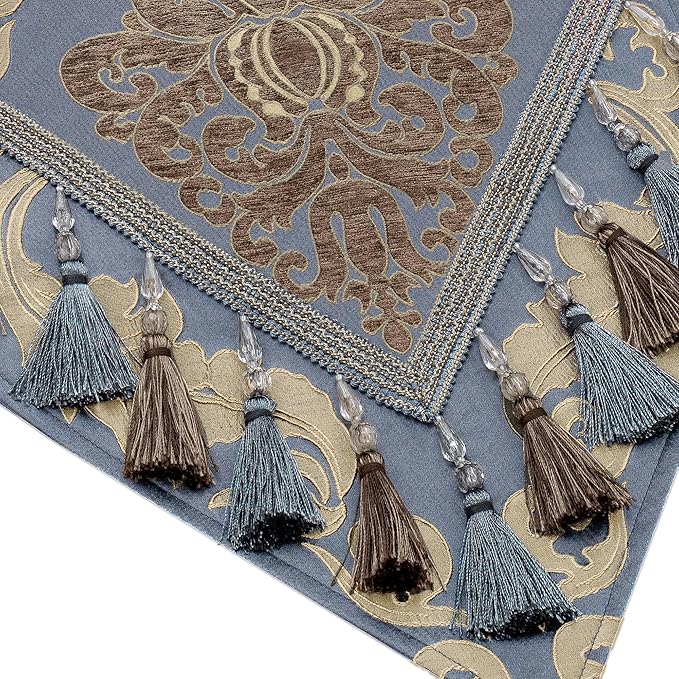 Loom and Mill Luxury Table Runner 90 Inches Long, Traditional Damask Jacquard Table Runners with Handmade Multi-Tassels for Dining Room Dresser Party Holiday Banquet Decorations(13" x 90", Grey Blue)