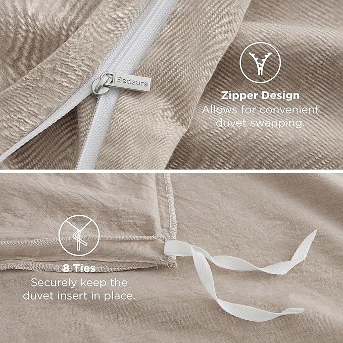 Bedsure 100% Washed Cotton Duvet Cover King Size - Frosted Almond Minimalist Cotton Duvet Cover Linen Like for All Seasons - GentleSoft™ Plain Simple Bedding (Frosted Almond, King, 104"x90")