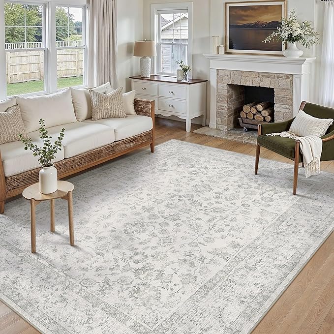 6x9 Grey Area Rug Non Slip Vintage Living Room Distressed Machine Washable Carpet Traditional Indoor Bedroom Grey Retro Floral Accent Throw Rug for Office Kitchen Dorm Dining Room