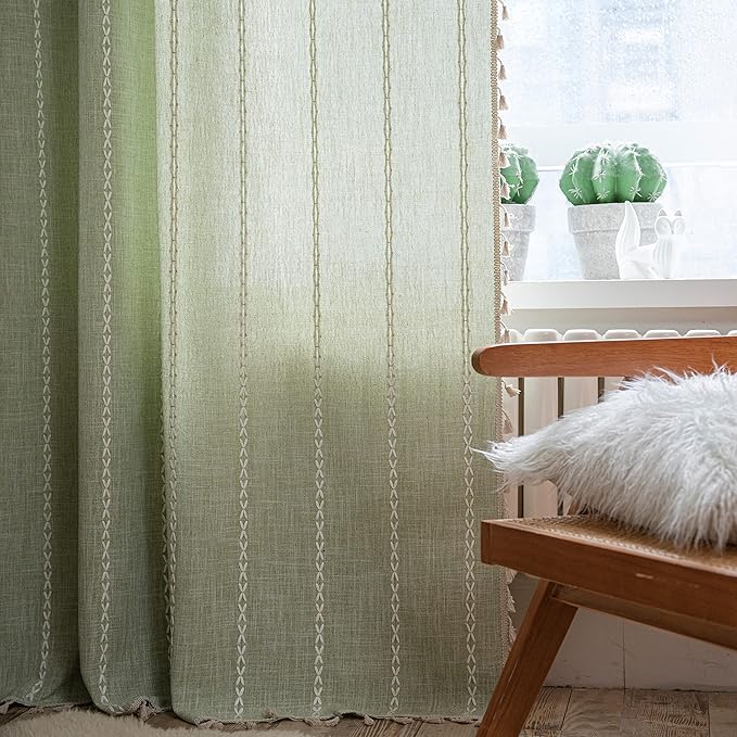 Sutuo Home Boho Curtain for Bedroom, Light Filtering Farmhouse Vintage Chic Tassels Window Treatment Bohemian Embroidery Drape, Rod Pocket 1 Panel 52" W x 108" L, Sage Green