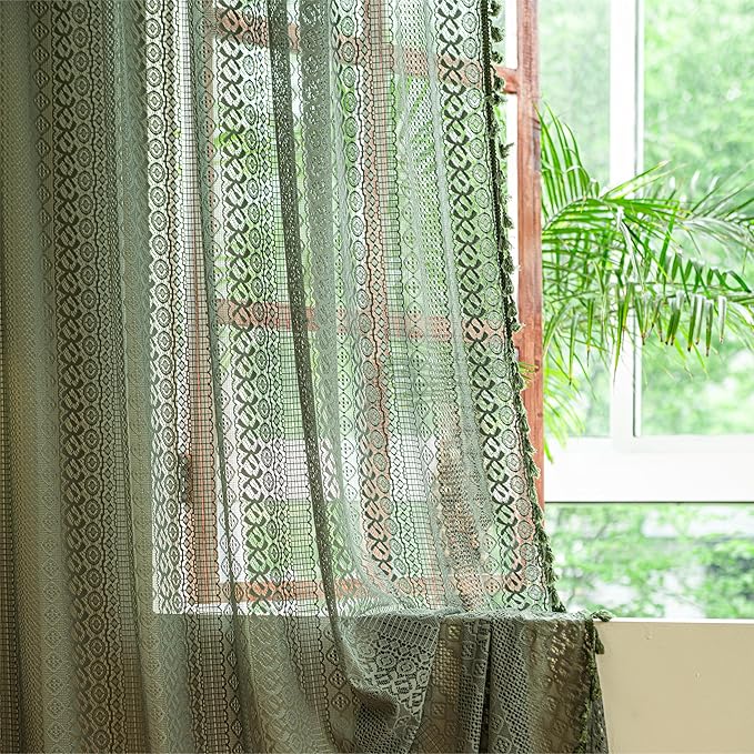 Sutuo Home Boho Curtains 120 inches Long, Crochet Lace Sheer Bohemian Hollow Knitted Cute Tassels, Vintage Farmhouse for Bedroom Living Room Nursery Dining Room, 1 Panel 59" W x 120" L,Olive Green