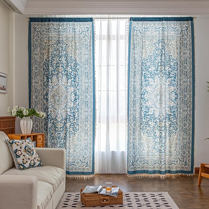 Popular Handicrafts Printed Curtains for Living Room 63 Inches Long Indian Hippie Bohemian Curtains Rod Pocket Light Filtering 2 Panels, Blue