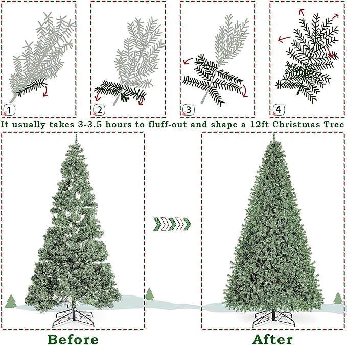 Yaheetech 12ft Pre-lit Spruce Artificial Hinged Christmas Pine Tree Prelighted Holiday Xmas Tree for Home Party Decoration with 1500 Warm White Lights and 4668 Branch Tips, Green