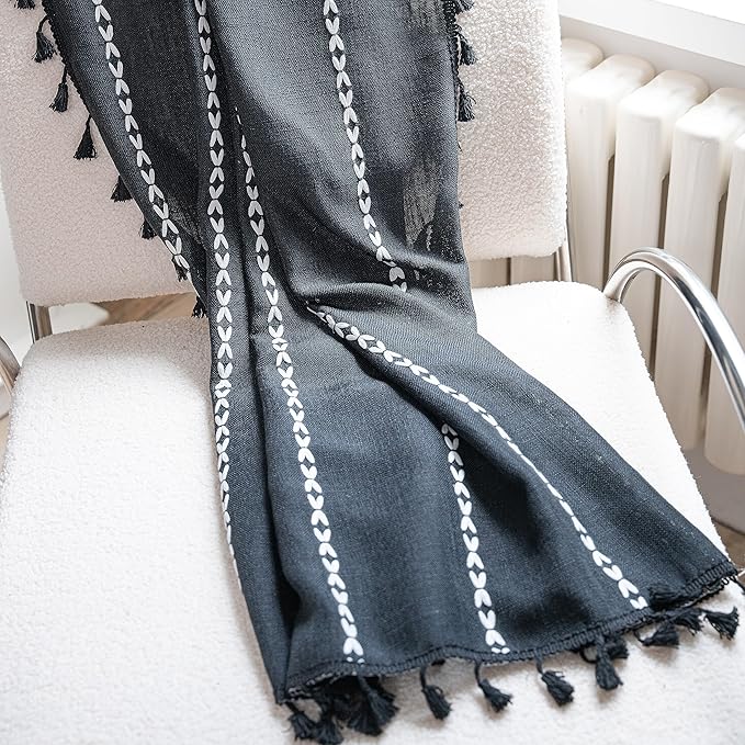 Sutuo Home Boho Curtains for Bedroom Living Room Kitchen, Semi Blackout Linen Farmhouse Shabby Chic Tassels Window Treatment Bohemian Embroidery Drape, Rod Pocket 1 Panel 52" W x 96" L, Black