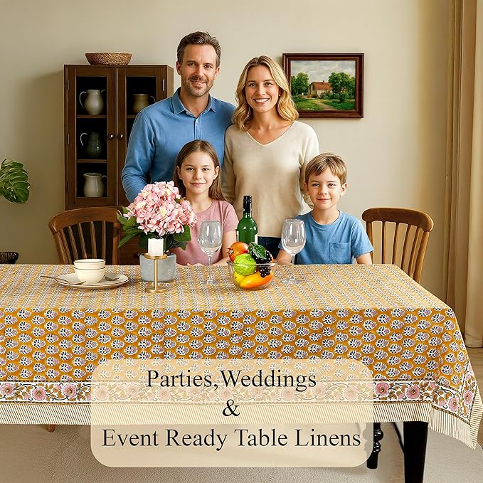 CPC Tablecloth 100% Cotton 70x108 Inch Indian Block Print Rectangle Table Cover, Gray Table Cloth for Weddings, Spring/Summer, Barbeque - Yellow Citrine