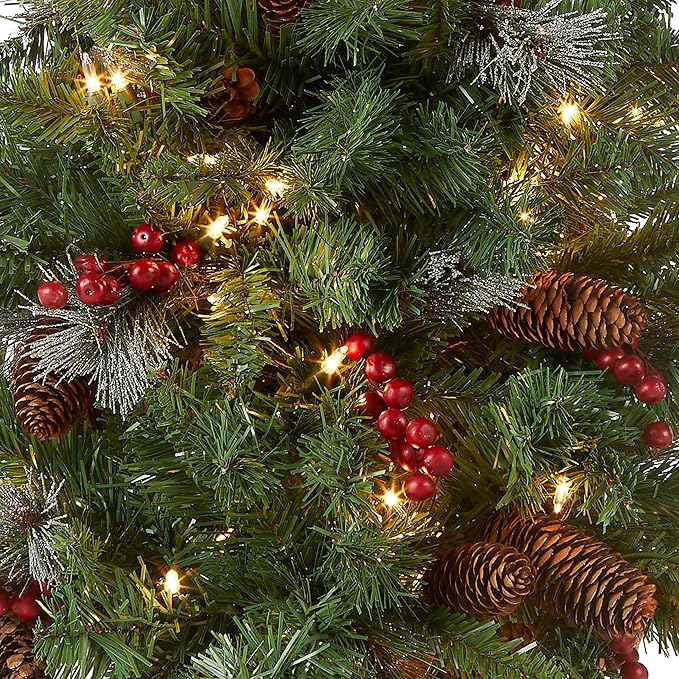 National Tree Company 4 ft Pre-Lit Crestwood Spruce Mini Artificial Christmas Entrance Tree, 100 Clear Lights, 230 Tips, Glitter, Pinecones, Red Berries, Gold Rubbed Pedestal Base, Green