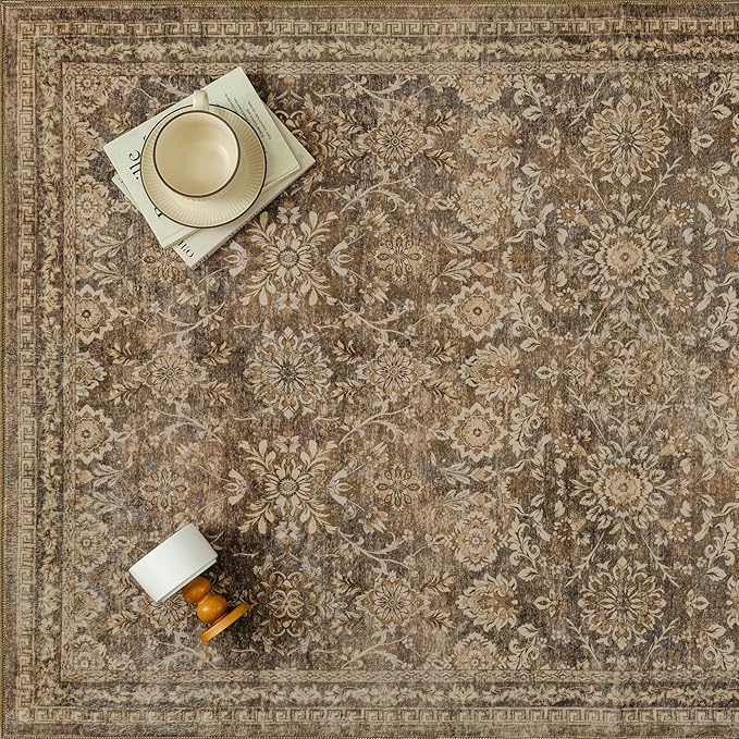 3x5 Vintage Area Rug Brown Entryway Washable Carpet Non Slip Bedroom Indoor Living Room Door Mat Low Pile Traditional Distressed Retro Floral Accent Rug for Dining Room Bathroom Kitchen