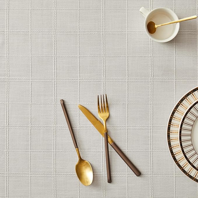 ZeeMart Linen Checked Table Cloth, Farmhouse Style Plaid Embroidered Neutral Tablecloth, Water Resistant Square Table Cloth, Ivory 60x60 Inches