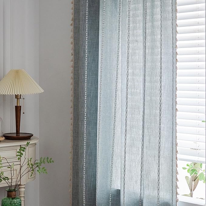 Sutuo Home Boho Curtain for Bedroom Nursery Room, Semi Blackout Linen Farmhouse Shabby Chic Tassels Window Treatment Bohemian Embroidery Drape, Rod Pocket 1 Panel 52" W x 96" L, Greyish Blue