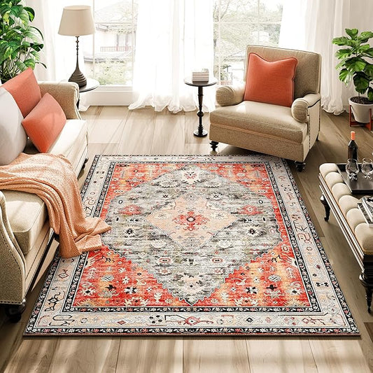 Istana Rugs 3x5 - Red & Teal 3x5 Washable Rug - Kid & Pet Friendly Dining Room Rug for Under Table - Non Shedding Foldable Non Slip Area Rug - Eco-Friendly Materials for Red Teal Rugs