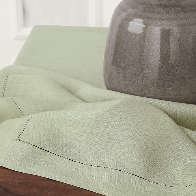 Solino Home Linen Tablecloth for Rectangle Tables 60 x 90 Inch - Classic Hemstitch 100% Pure Linen Sage Green Table Cloth - Machine Washable Cloth Tablecloth for Autumn, Thanksgiving, Christmas