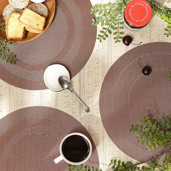 DII PVC Tabletop Collection Woven Indoor/Outdoor, Round Placemat Set, 13.75", Cinnamon, 6 Piece