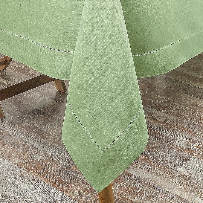D'Moksha Homes Sage Green Linen Tablecloth for Rectangle Tables 60 x 144 Inch - 100% Pure Linen Green Table Cloth - Classic Hemstitch, Machine Washable Dining Tablecloth for Thanksgiving, Christmas