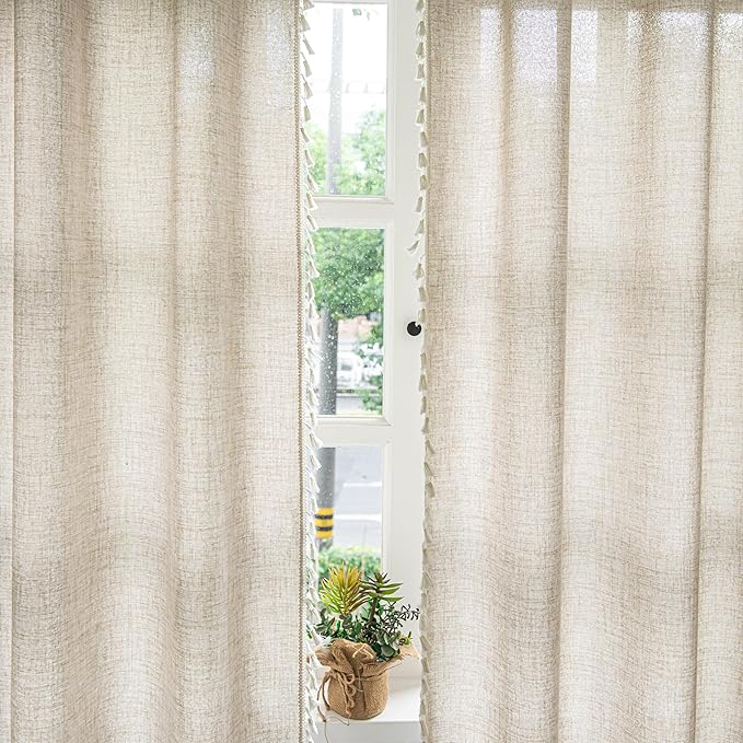 Sutuo Home Boho Curtains 84 Inches Long, Bohemian Linen Style Textured Curtains with Tassels for Bed Room Semi Blackout Farmhouse Drapes, Rod Pocket Window Treatments 2 Panels, 52" x 84", Natural