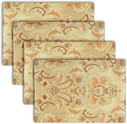 Luxury Dinner Table Runner and Placemats Set of 4, Gold Farmhouse Boho Fabric Cloth Place Mats, Perfect for Dining Room Decor, Washable Indoor Decoration