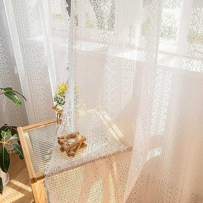 Sutuo Home Boho Curtains 2 Panels 63 Inches Length for Bedroom, Window Treatments Bohemian Geometry Knitted Sheer Crochet Lace Vintage Cotton Drapes Pair Tassels, Rod Pocket, 52" x 63" White