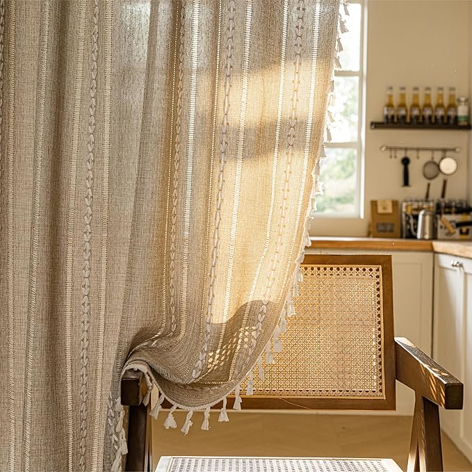 Sutuo Home Boho Door Curtains for Doorway, Bohemian Semi Blackout Curtains Privacy Embroidery Drape Decor for Temporary Room Dividers Bedroom Living Room, Rod Pocket 1 Panel 37" W x 80" L, Natural