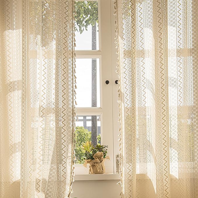 Sutuo Home 2 Panels Boho Curtains 96 Inches Long for Bedroom, Window Treatments Bohemian Sheer Crochet Lace Vintage Drapes Pair, Beige Wave Knitted with Handmade Tassels Rod Pocket, 52" x 96"